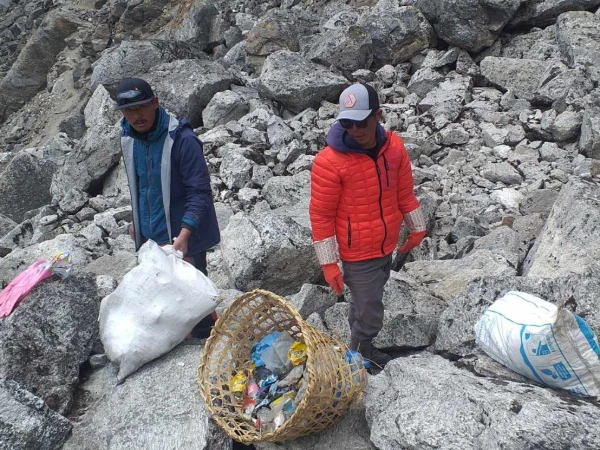 Cleaning at mera base camp by refuge mera